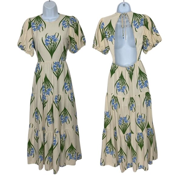 Zara Sofia Open Back Dress XS Ecru Cream Floral Puff Sleeve Midi Tiered Tradwife - Picture 1 of 12